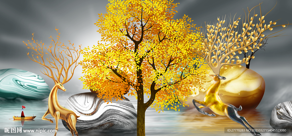 浮雕麋鹿发财树图