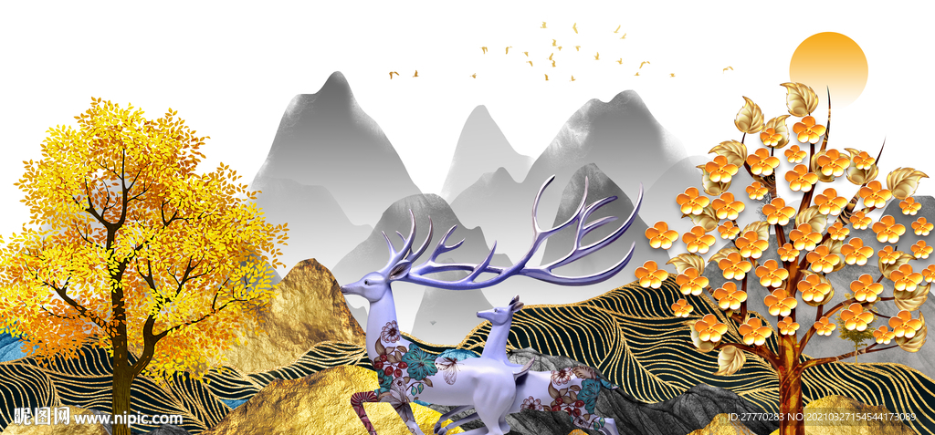 麋鹿发财树装饰画