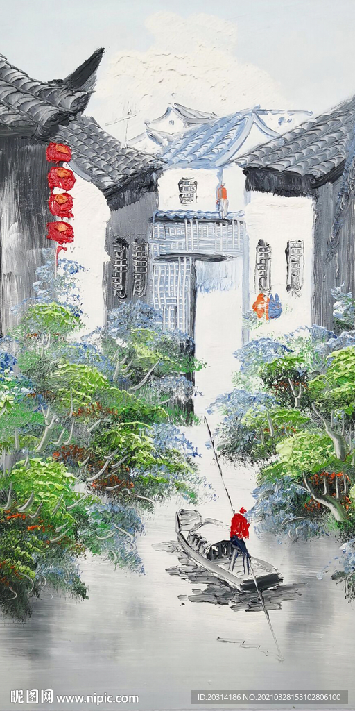 水墨江南水乡油画