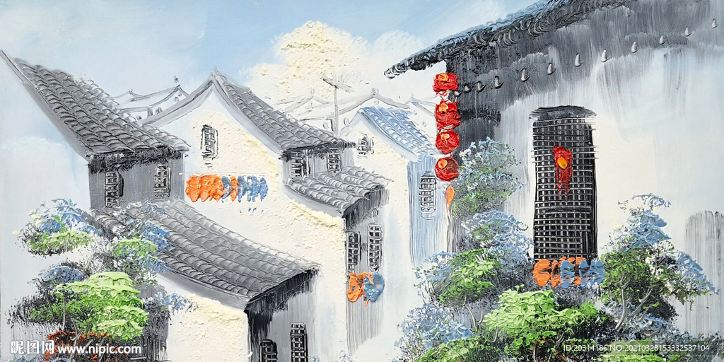 江南水乡建筑风景新中式壁画