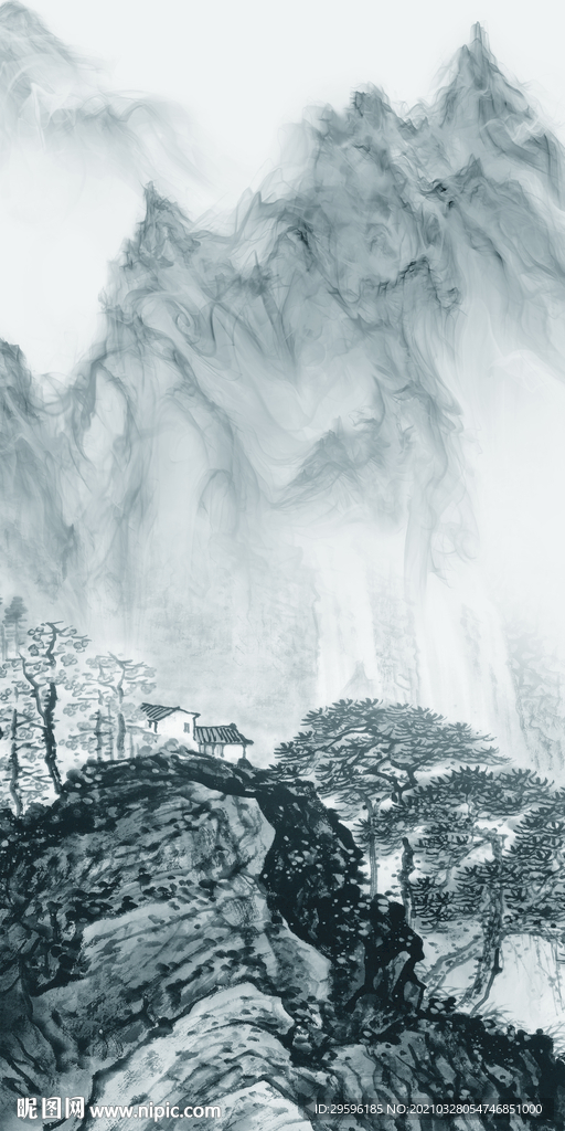 蓝色山水玄关背景 tif分层