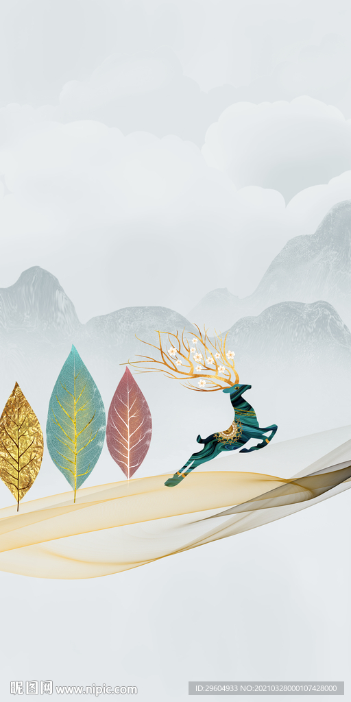 麋鹿 山水意境玄关 TIF分层