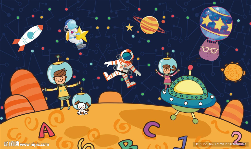 卡通太空星球背景墙图片