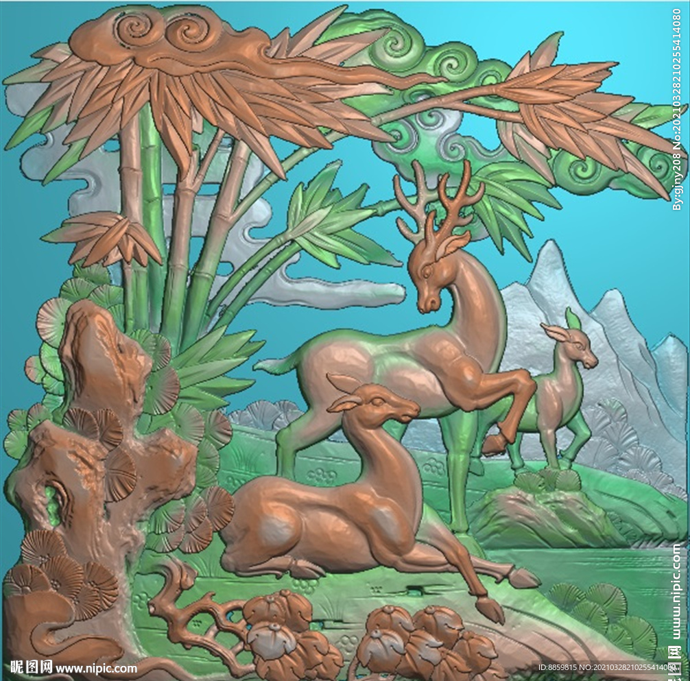 梅花鹿 竹子 扫描 灰度