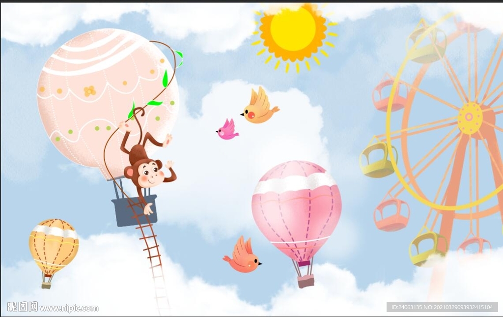 卡通手绘热气球摩天轮房间壁画