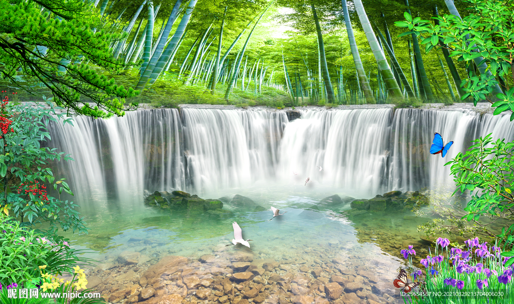 山清水秀山水情瀑布风景画背景墙