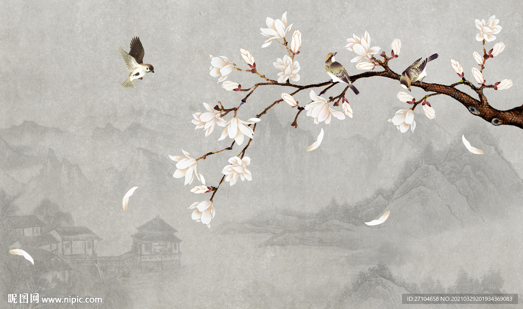 玉兰花山水画背景墙