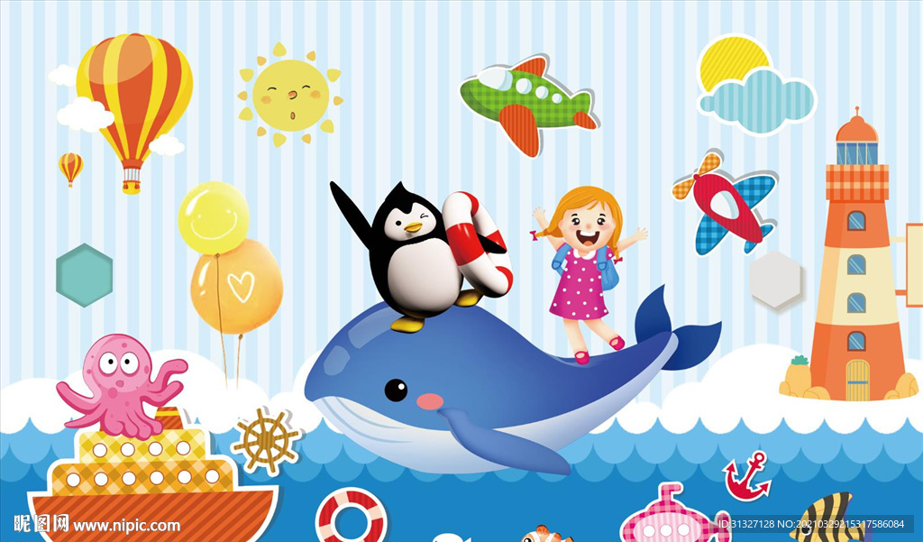 卡通手绘海豚小船海边背景墙