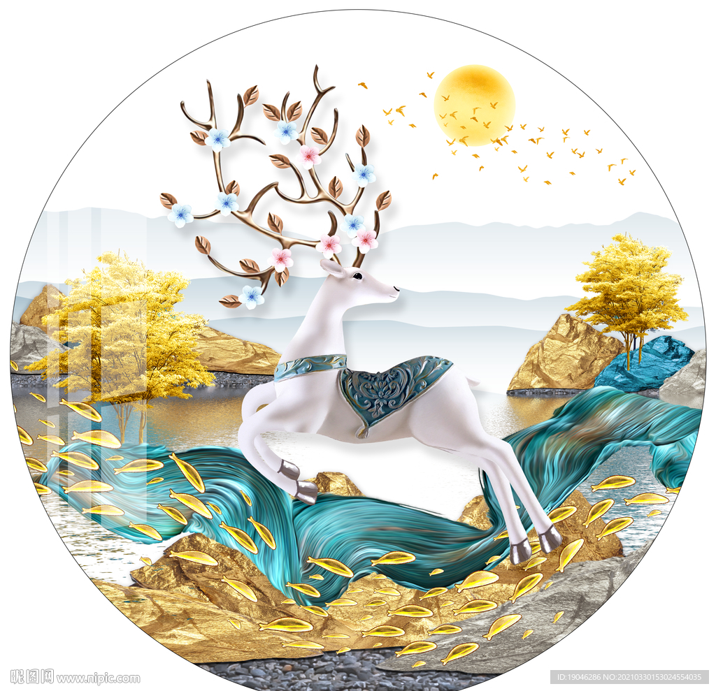 新中式金色山水麋鹿圆形装饰画