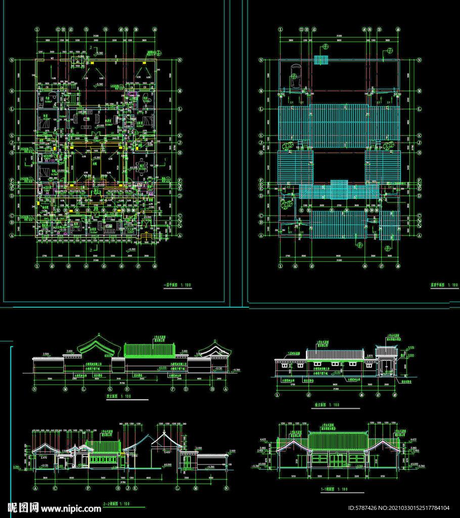 单层四合院住宅建筑平立面CAD