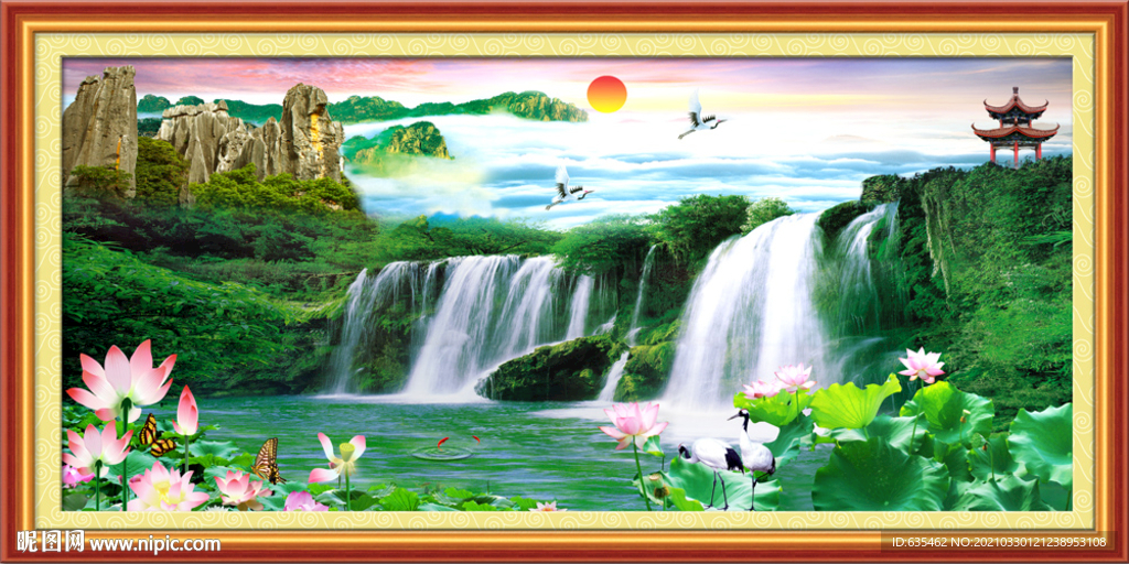 山水风景画 瀑布风景