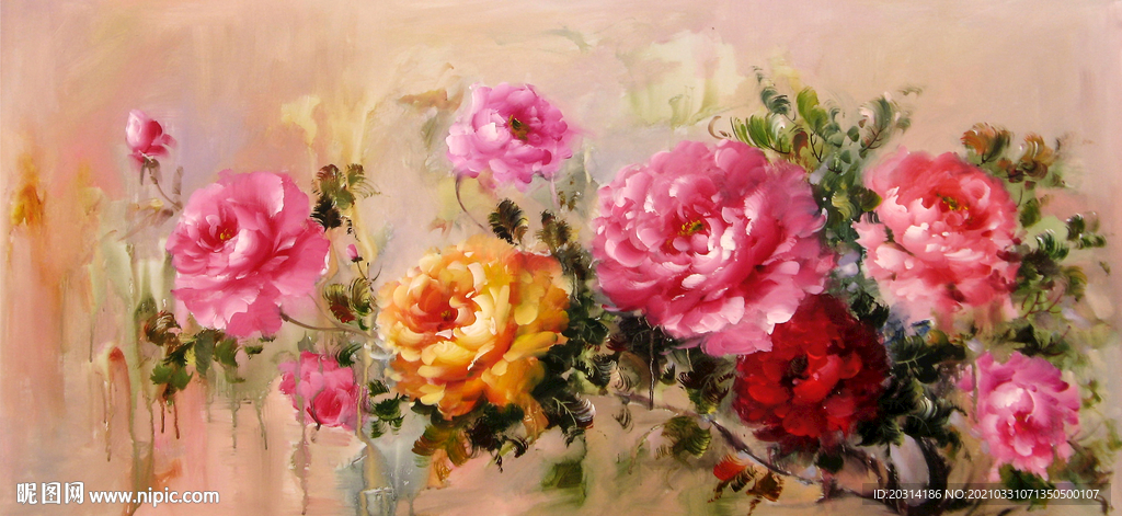 牡丹花油画中式风格壁画