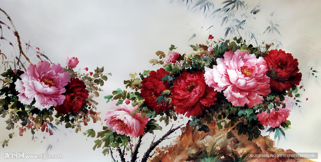 新中式装饰画牡丹花油画