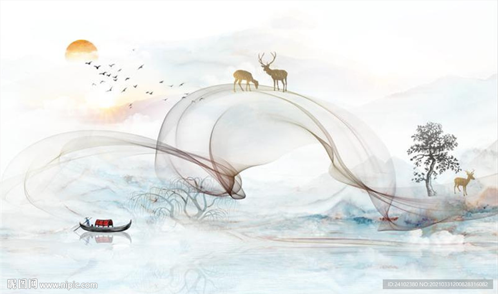 抽象水墨禅意境麋鹿飞鸟石纹背景