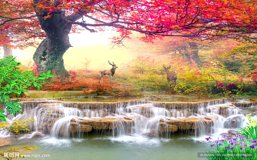 流水生财红树林枫树林电视背景墙