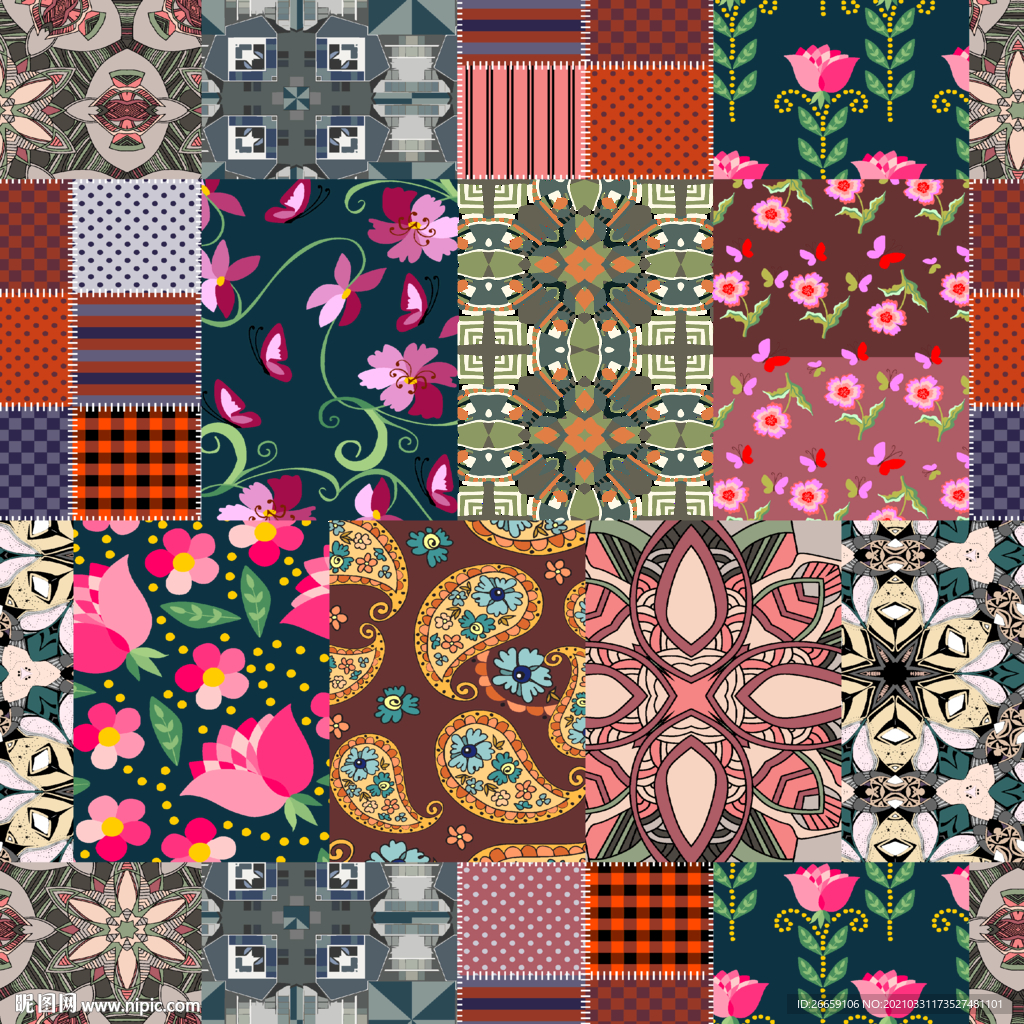 四方连续数码印花小碎花拼花花型