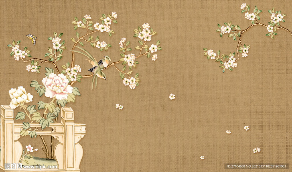 新中式手绘花鸟画背景墙