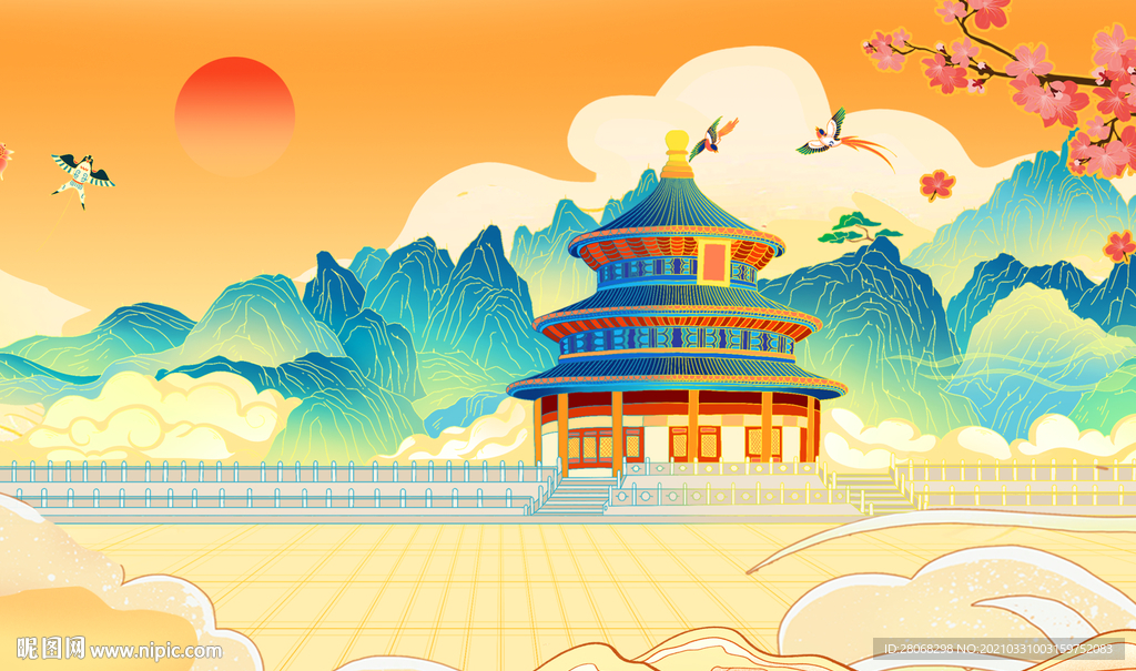 国潮插画装饰风景背景