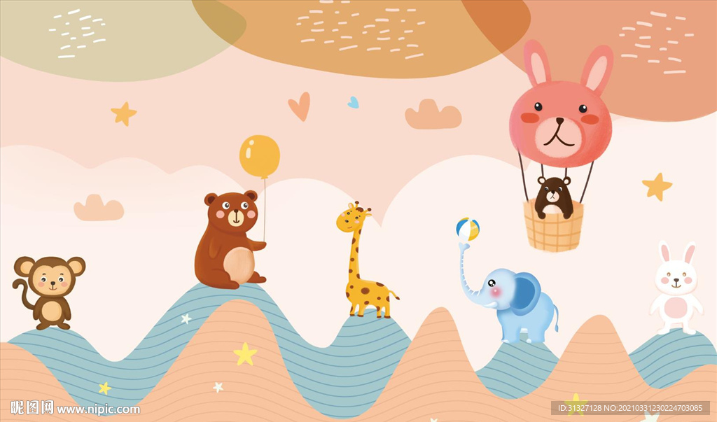 卡通山峰云朵手绘背景图片