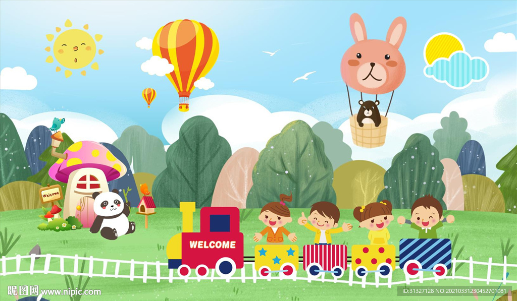 手绘树林小火车背景墙