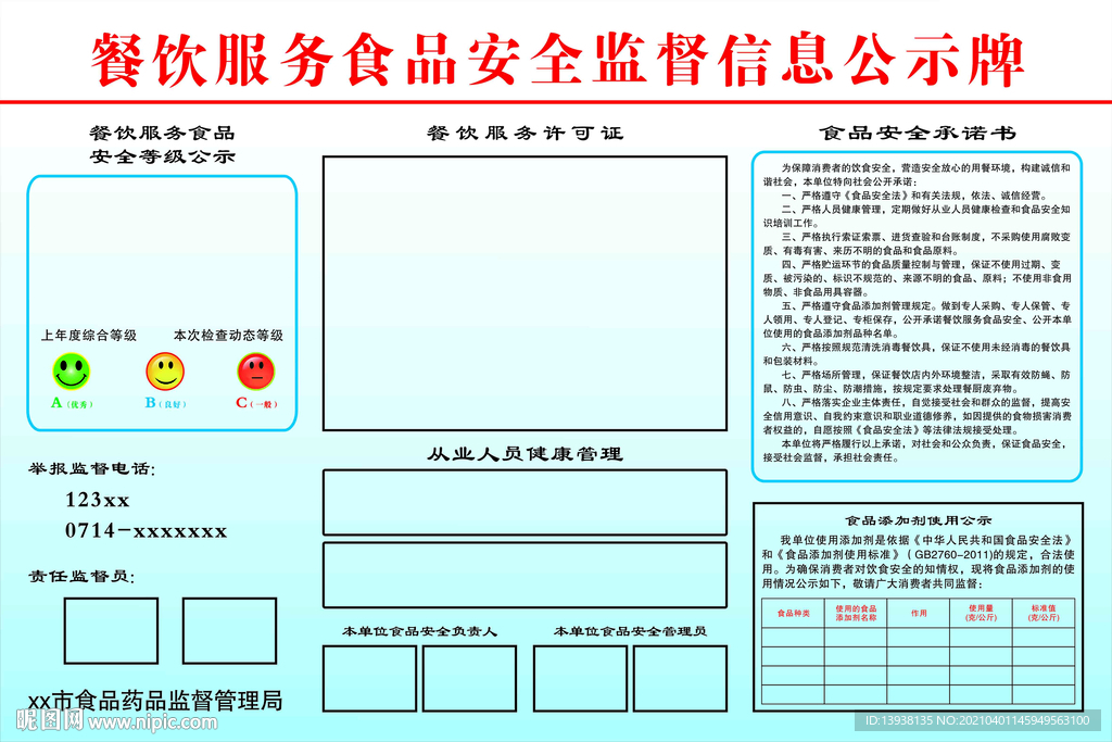 餐饮服务食品安全监管信息公示牌