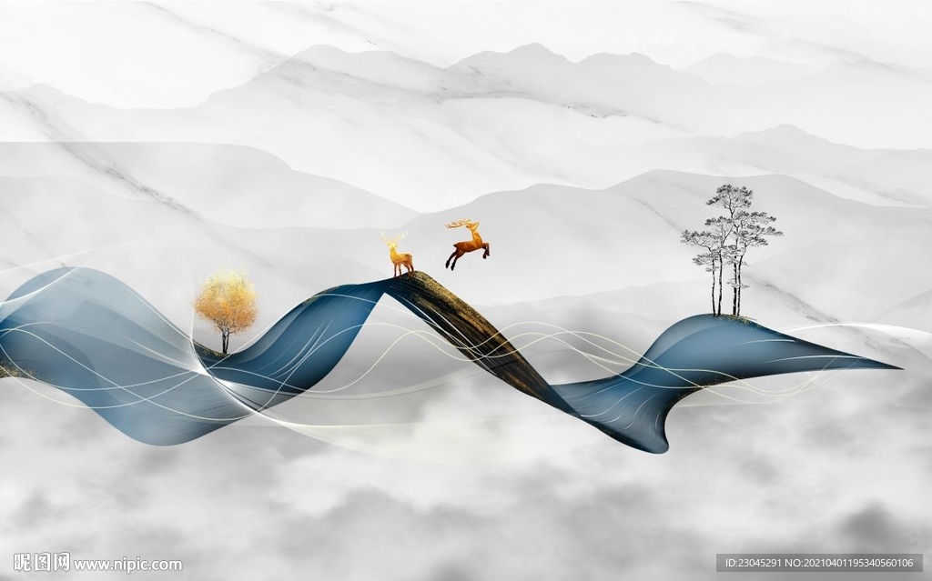 爵士白曲线新中式抽象背景墙