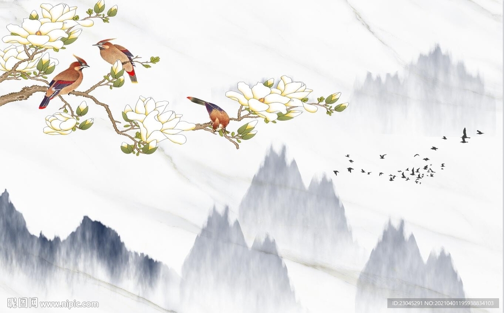 爵士白白玉兰画眉新中式背景墙