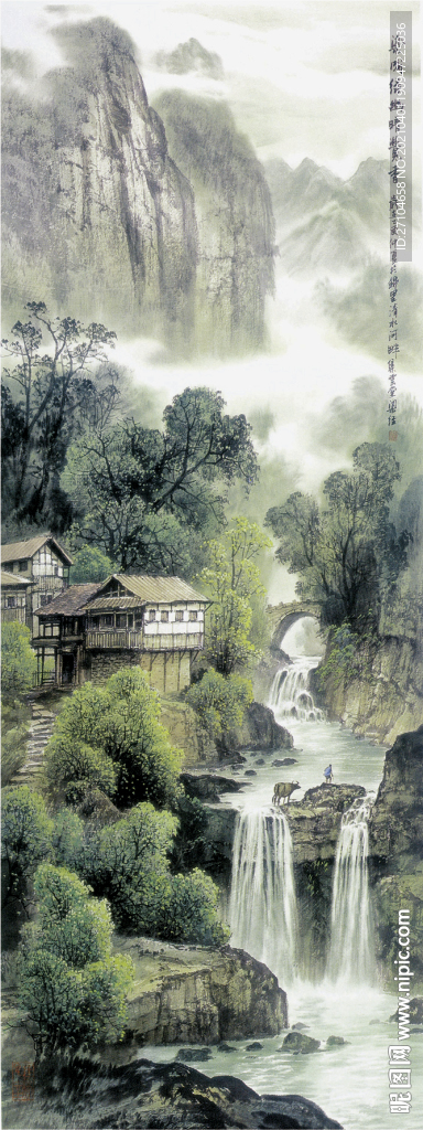 竖幅青山绿水玄关装饰画