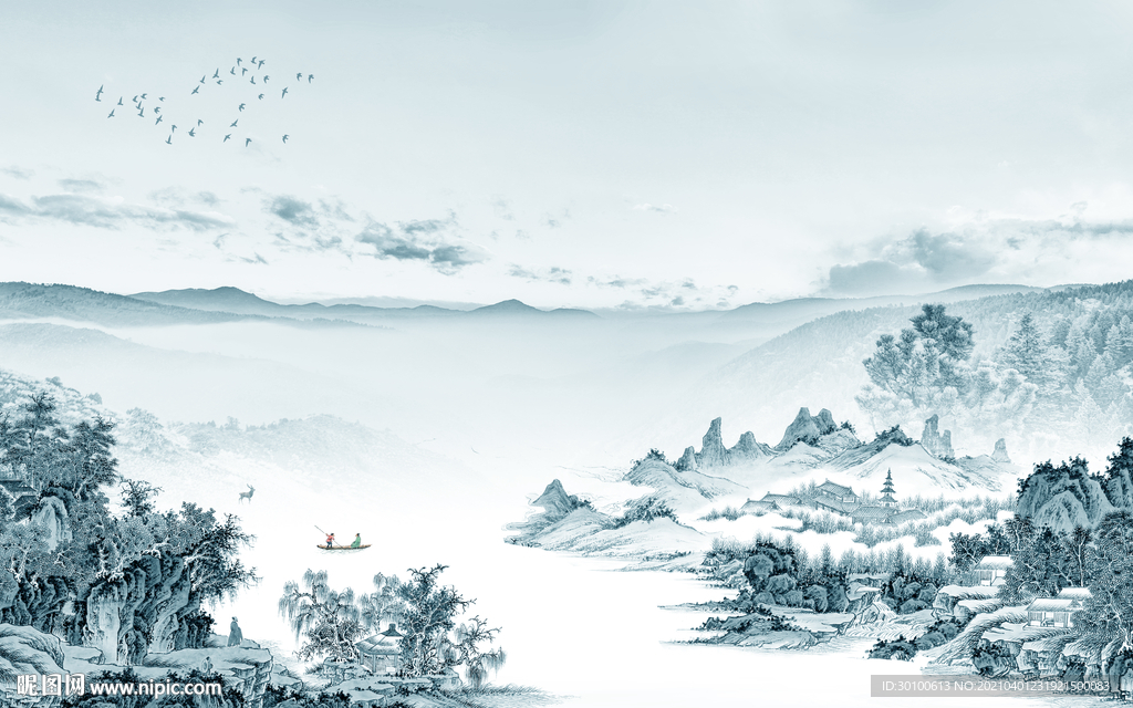 蓝色山水背景墙画 TIF分层