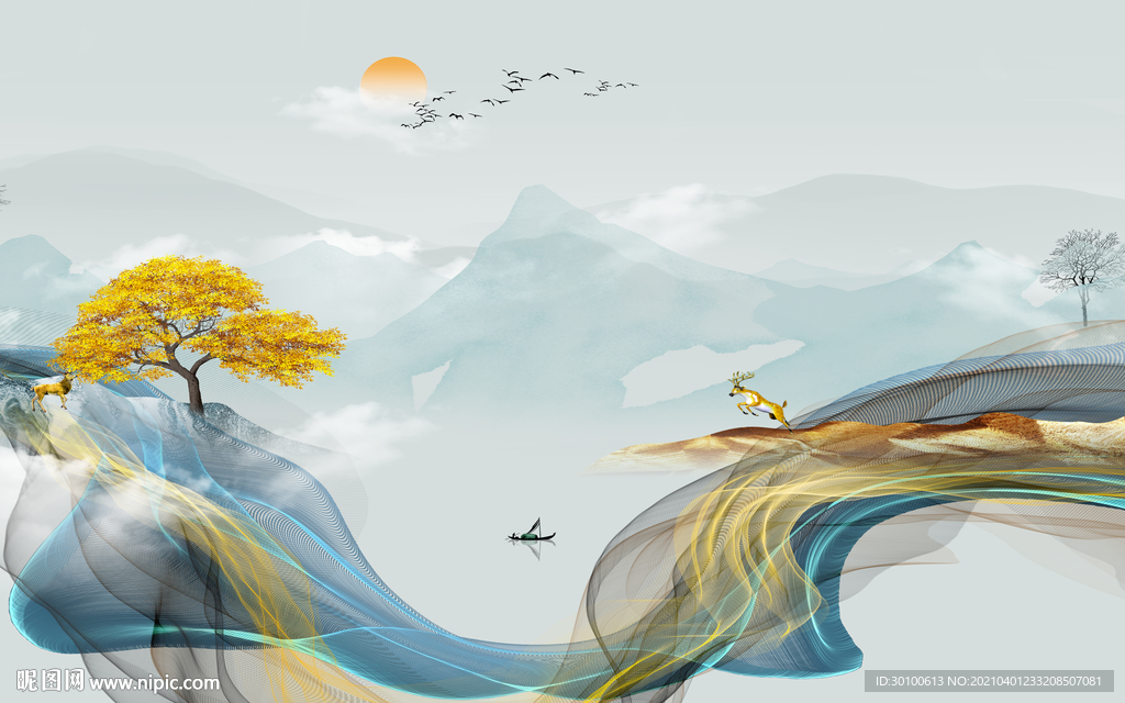 高档 山水背景墙画 TIF分层