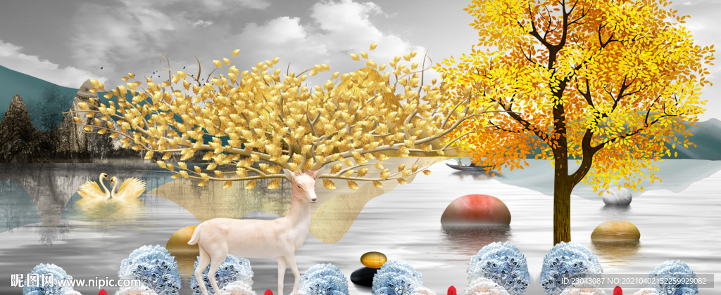 浮雕麋鹿发财树