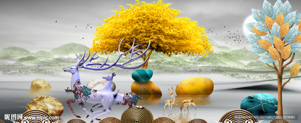 石来运转麋鹿山水画