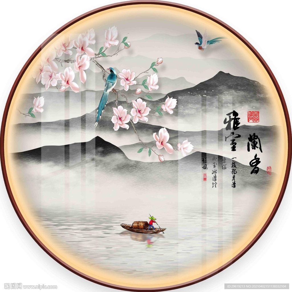 新中式花鸟圆形装饰画图