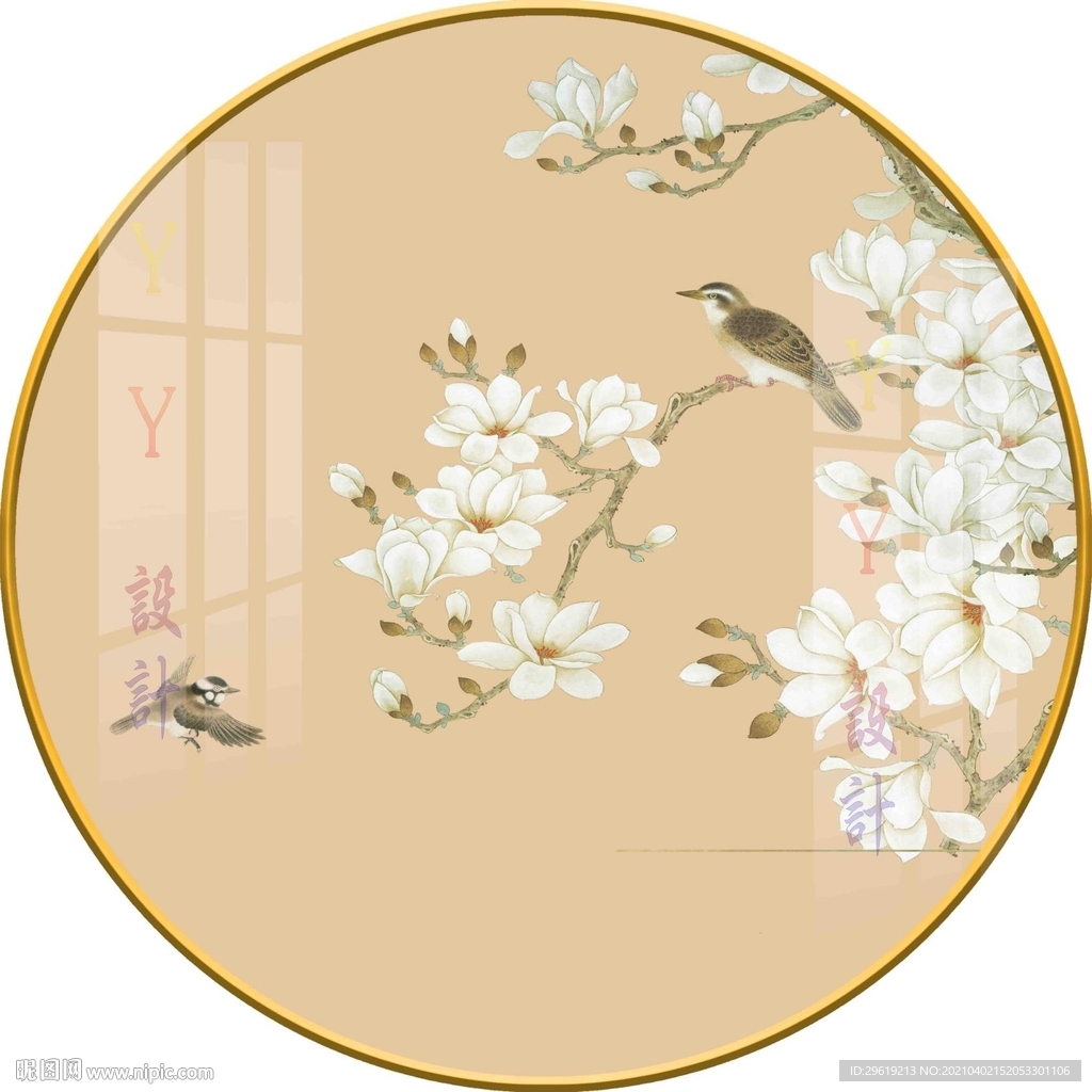 新中式花鸟圆形装饰画图片