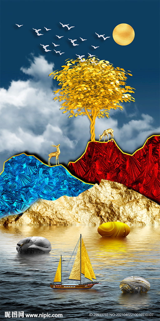 中式轻奢麋鹿发财树装饰画