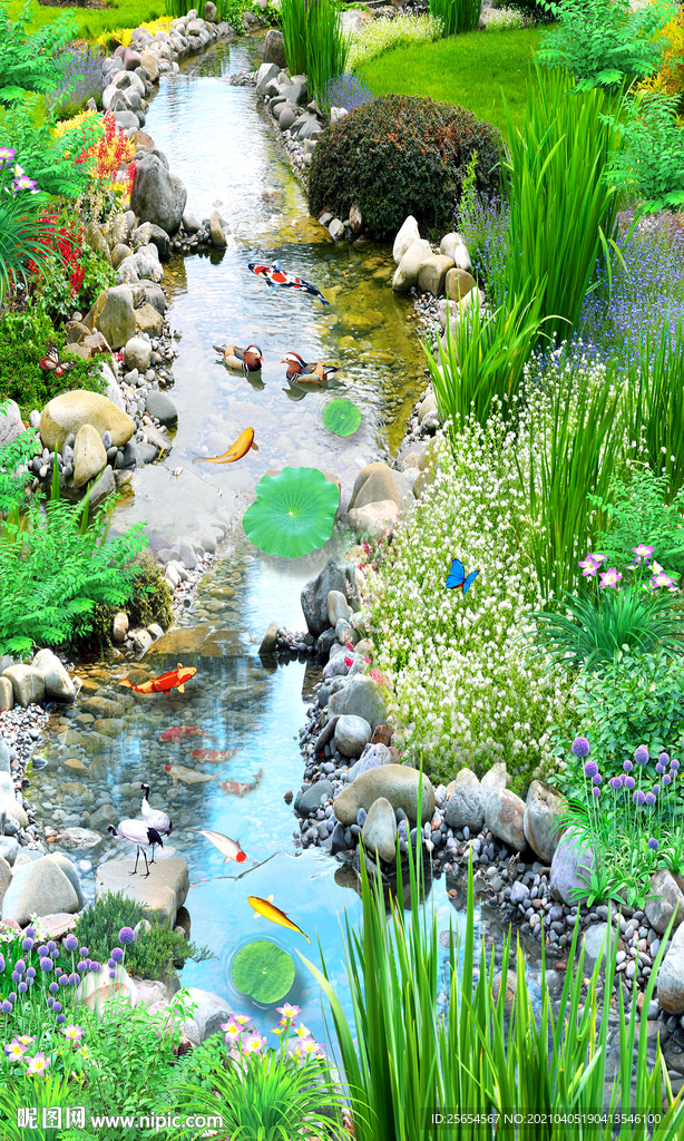 景观草地流水鲤鱼3D地板