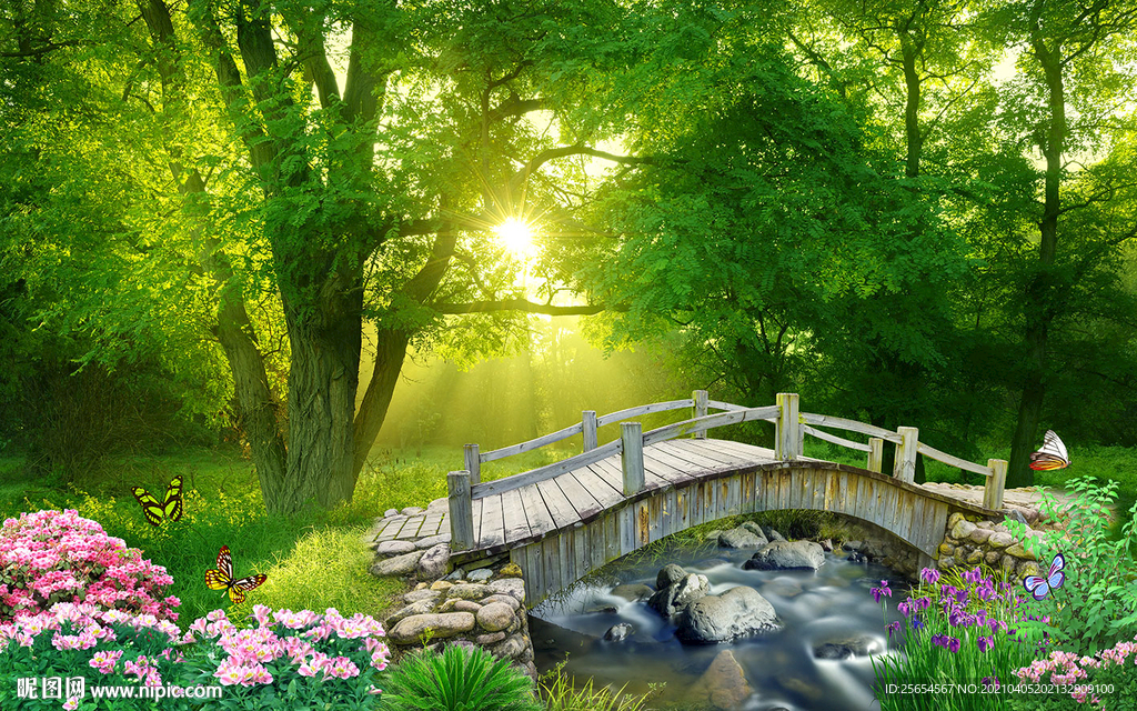 小桥流水树林3D电视背景墙