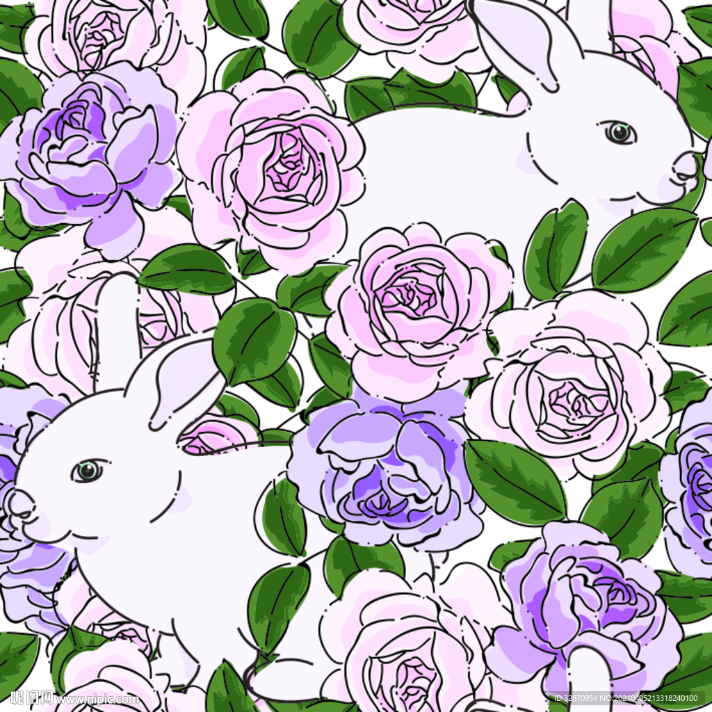 玫瑰 兔子 数码印花