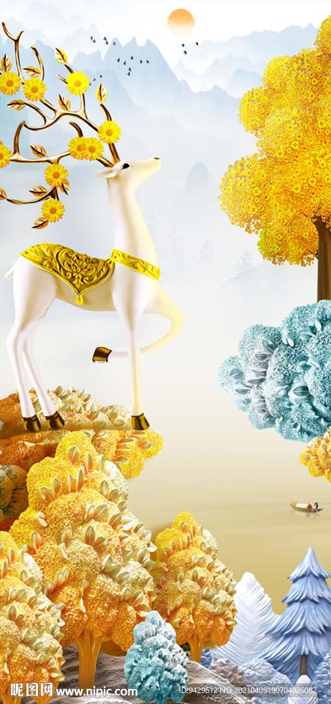 一鹿发财浮雕玄关装饰画