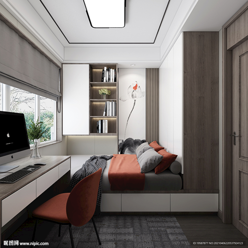 新中式卧室集成墙面模型效果图