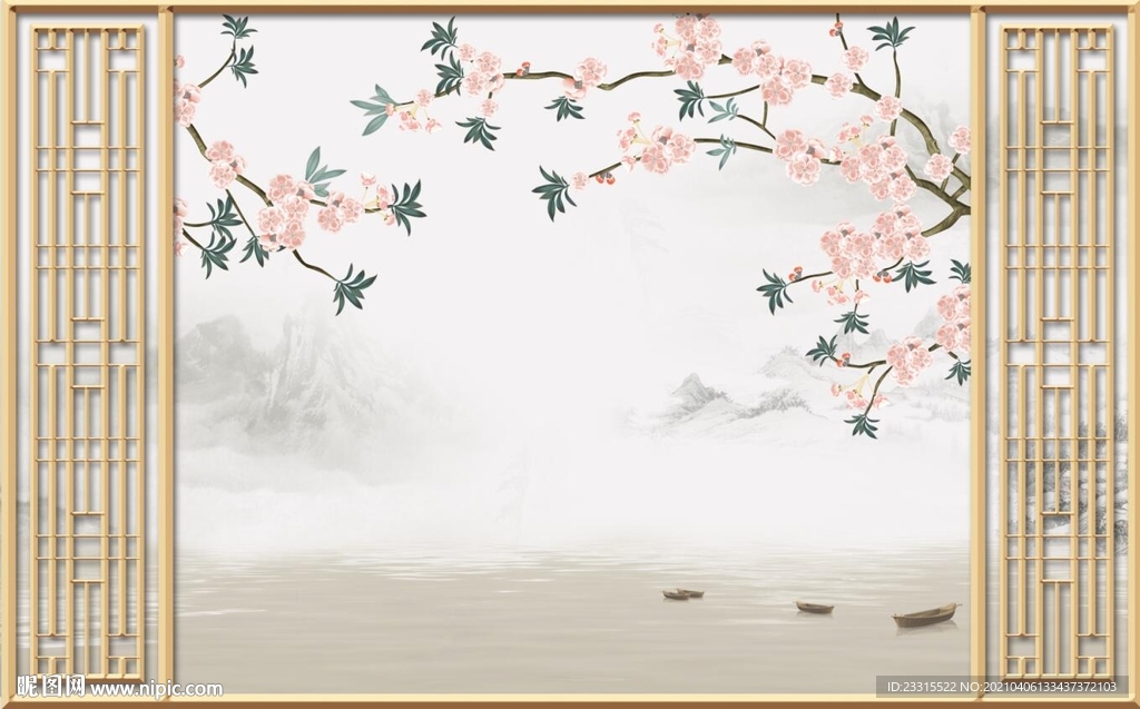 桃花梅花山水背景墙