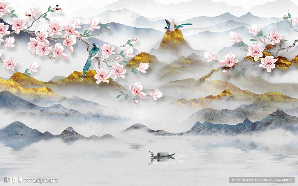 新中式意境山水背景墙图片