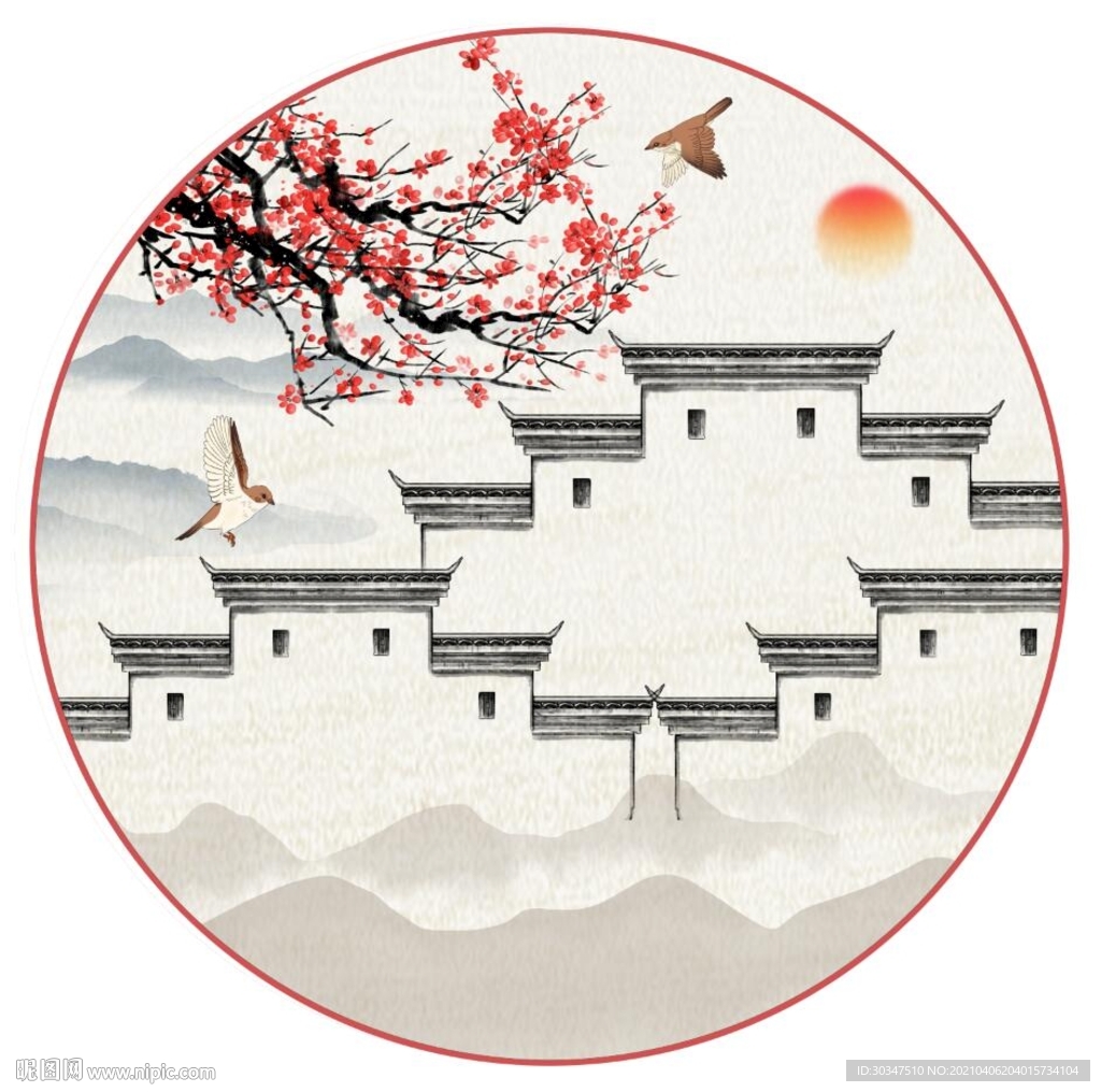 新中式装饰画古建筑花鸟山水情