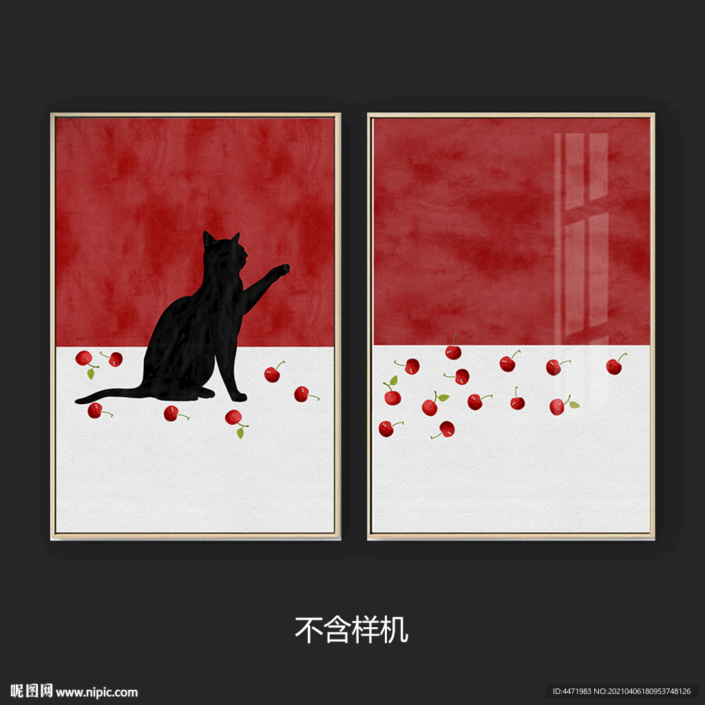 治愈系手绘风红色樱桃与猫装饰画