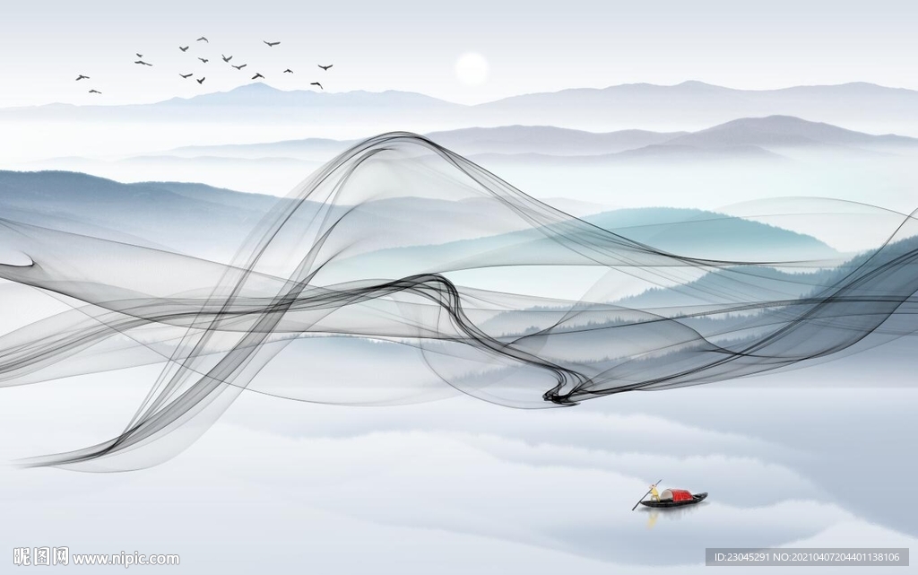 曲线抽象山水新中式背景墙