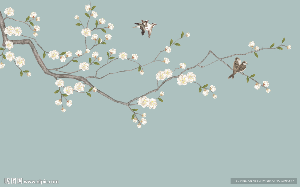 新中式手绘花鸟画背景墙