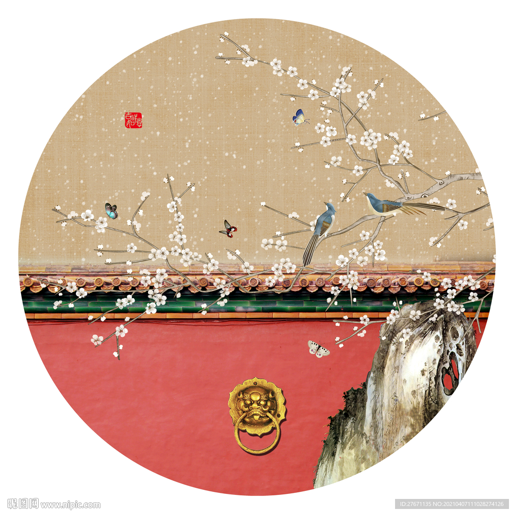 新中式古典宫墙花鸟图