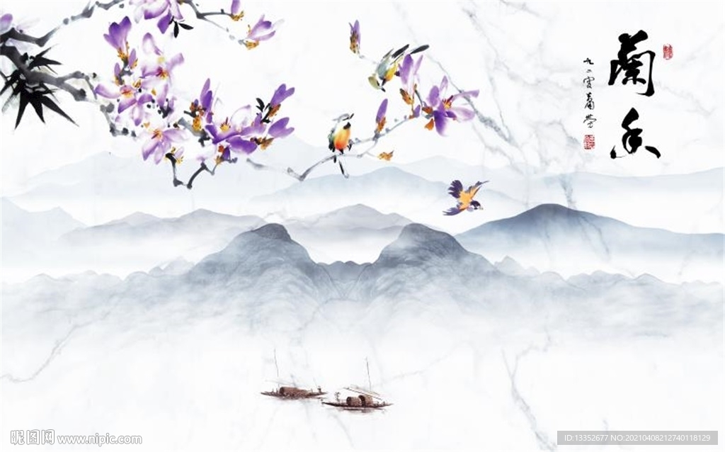 兰香玉兰花鸟石纹