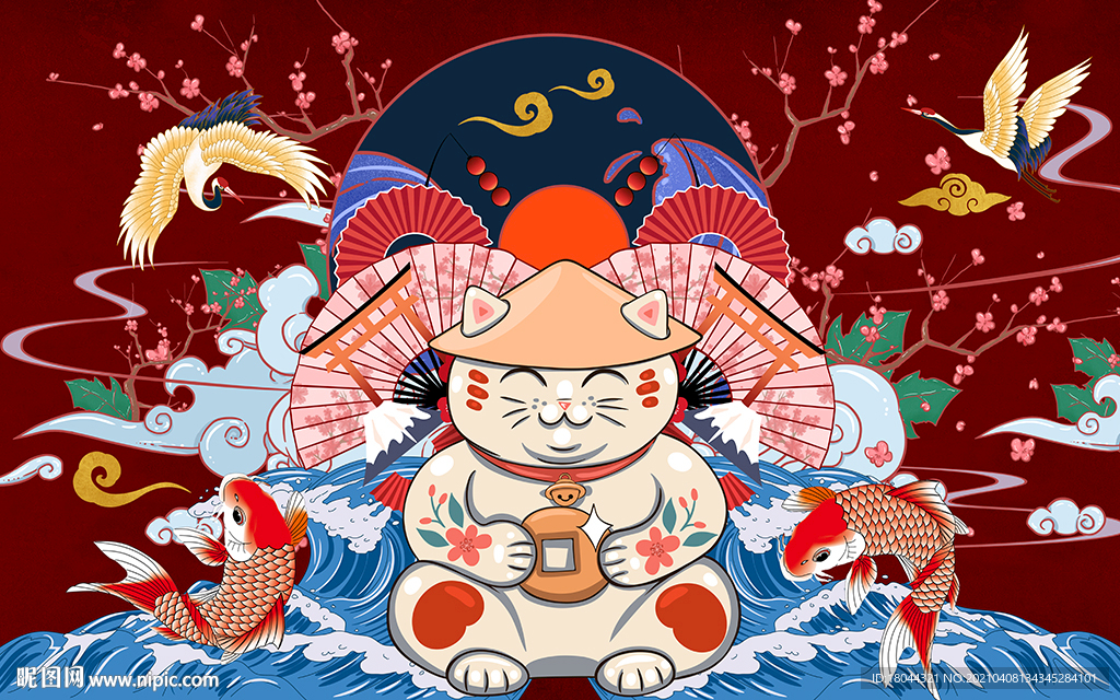 日式和风招财猫锦鲤工装背景墙