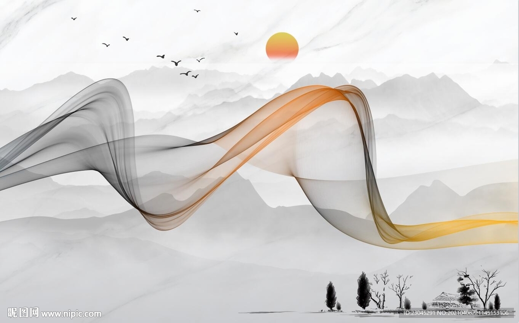 旭日东升爵士白山水烟雾背景墙